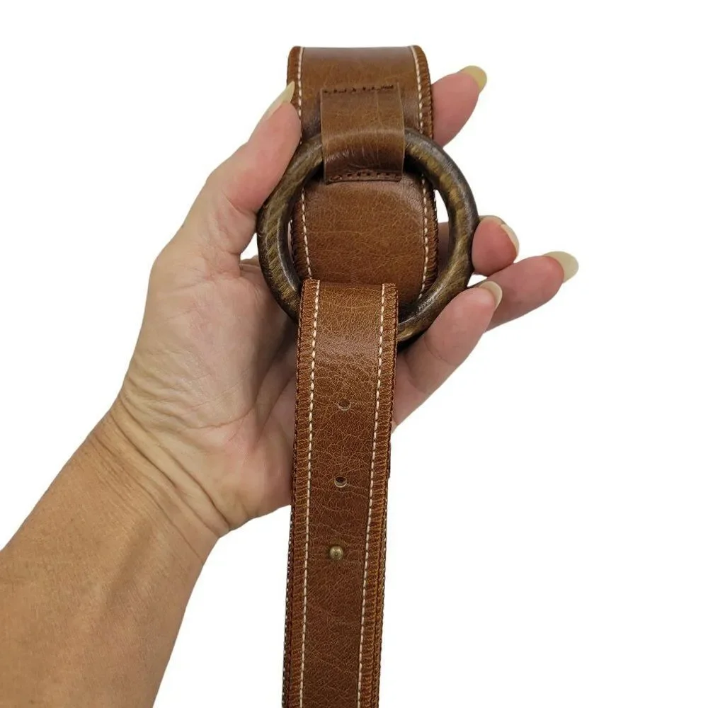 Vtg 80s Olsen Europe Leather Belt Sz M Brown Country Boho Fold Over O-ring‎ Tab